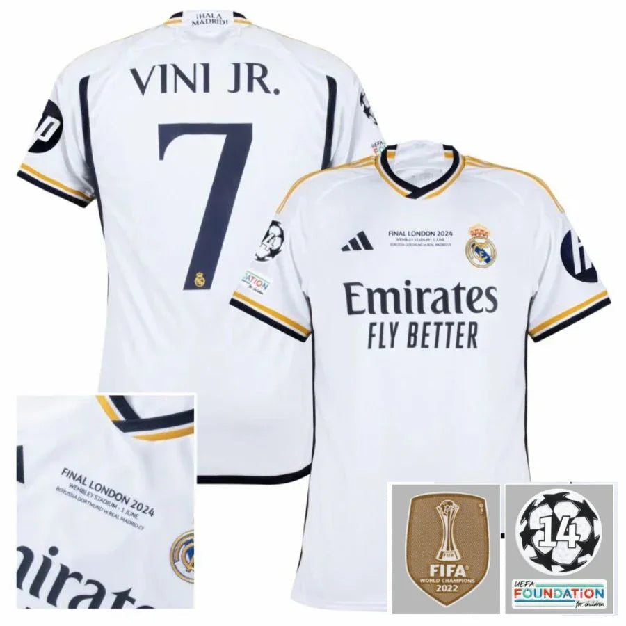Real Madrid Home Fan Jersey 2023/24 Vini Jr. 7 Patch FIFA WCC Patch UCL UEFA Foundation Patches Go Jersey