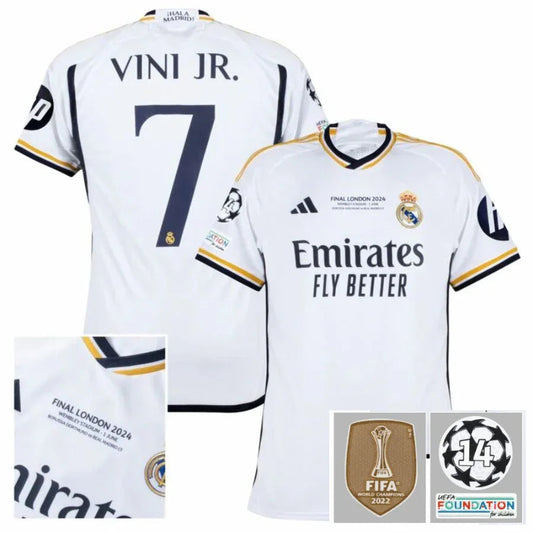 Real Madrid Home Fan Jersey 2023/24 Vini Jr. 7 Patch FIFA WCC Patch UCL UEFA Foundation Patches Go Jersey