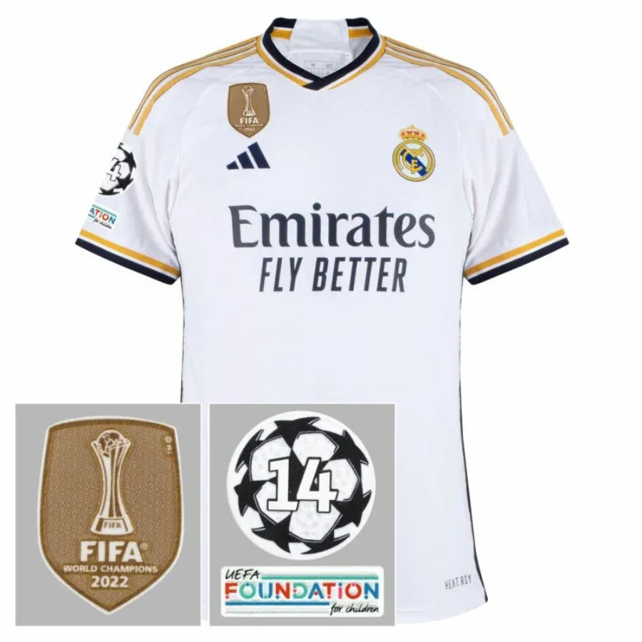 Real Madrid Home Fan Jersey 2023/24 Patch FIFA WCC Patch UCL UEFA Foundation Patches Go Jersey