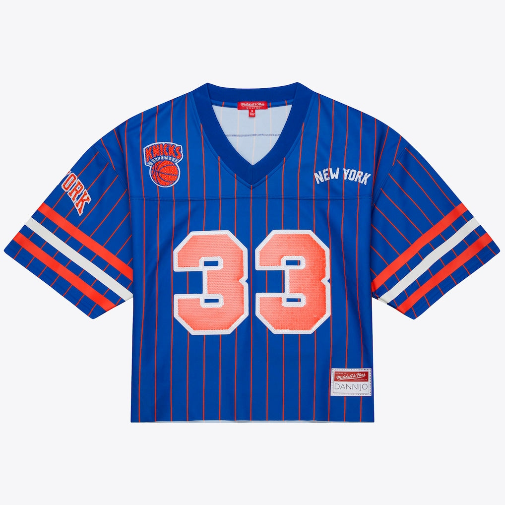 Patrick Ewing New York Knicks x DANNIJO Women's Name & Number Cropped Football Jersey - Blue