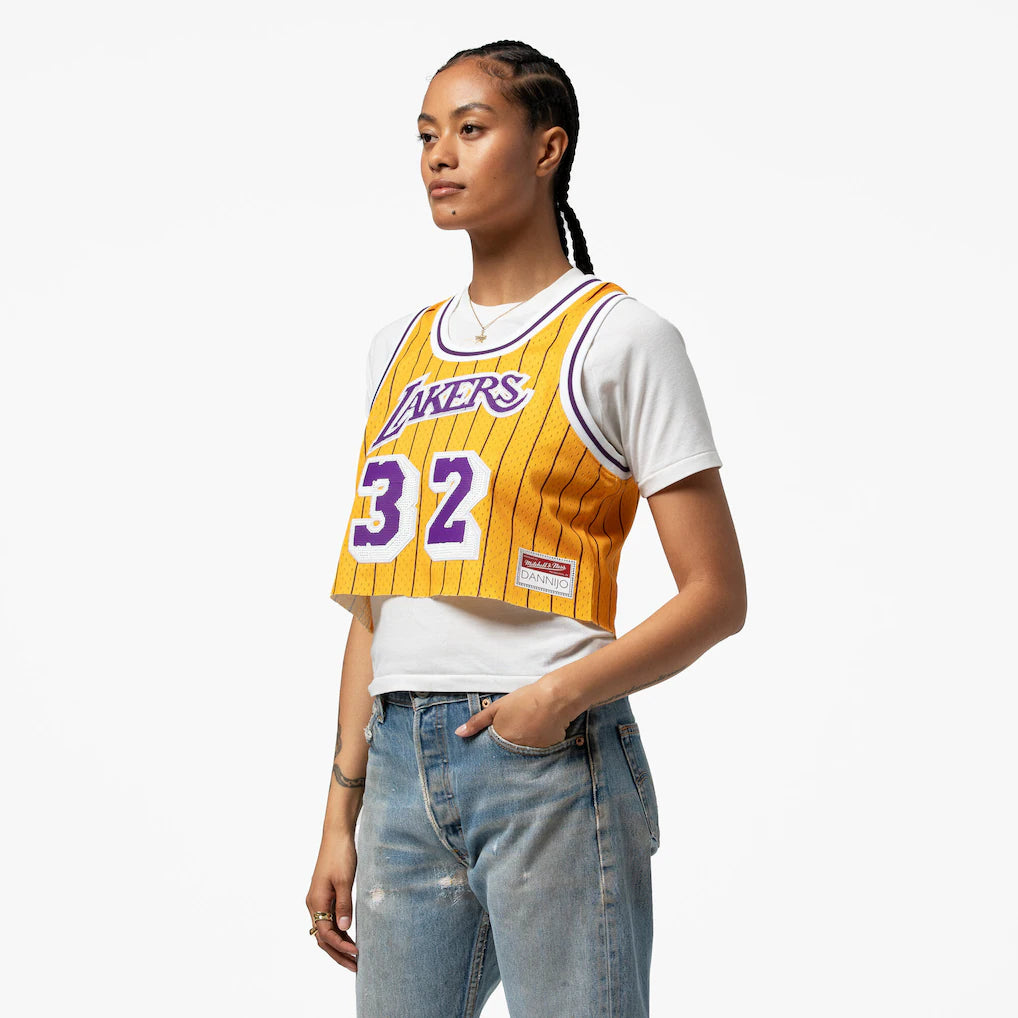 Magic Johnson Los Angeles Lakers Mitchell & Ness x DANNIJO Women's Fashion Cropped Basketball Jersey - Yellow