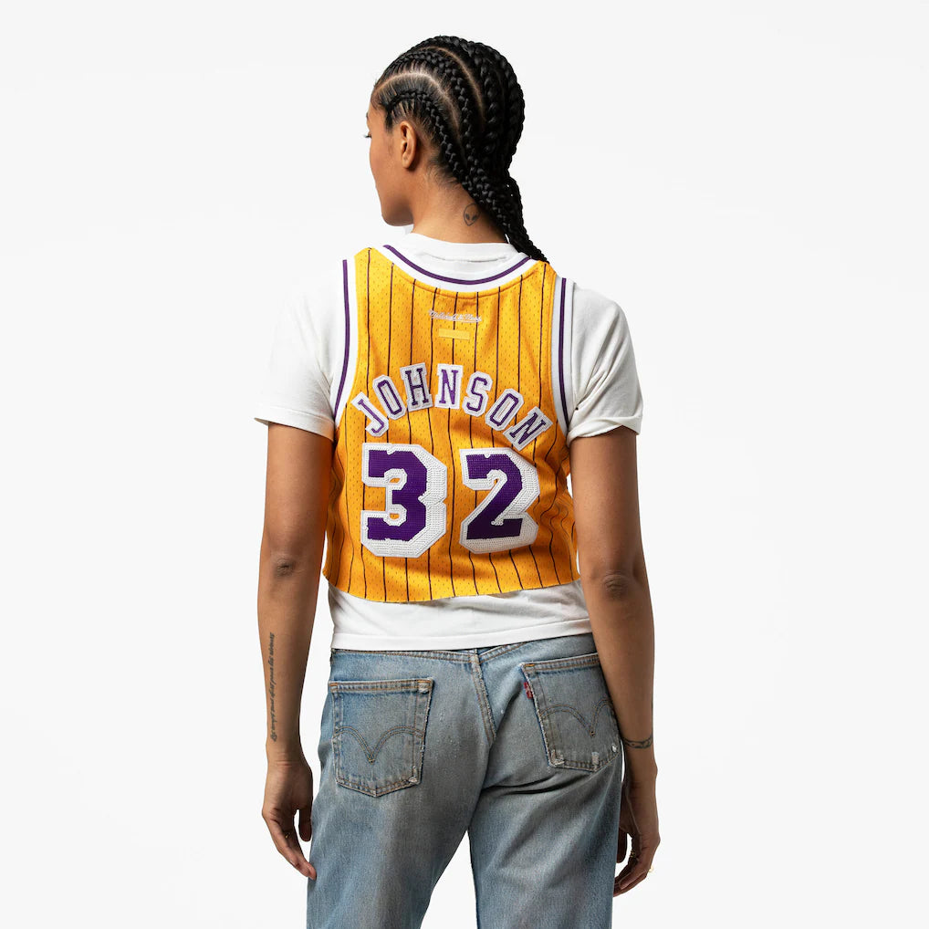 Magic Johnson Los Angeles Lakers Mitchell & Ness x DANNIJO Women's Fashion Cropped Basketball Jersey - Yellow